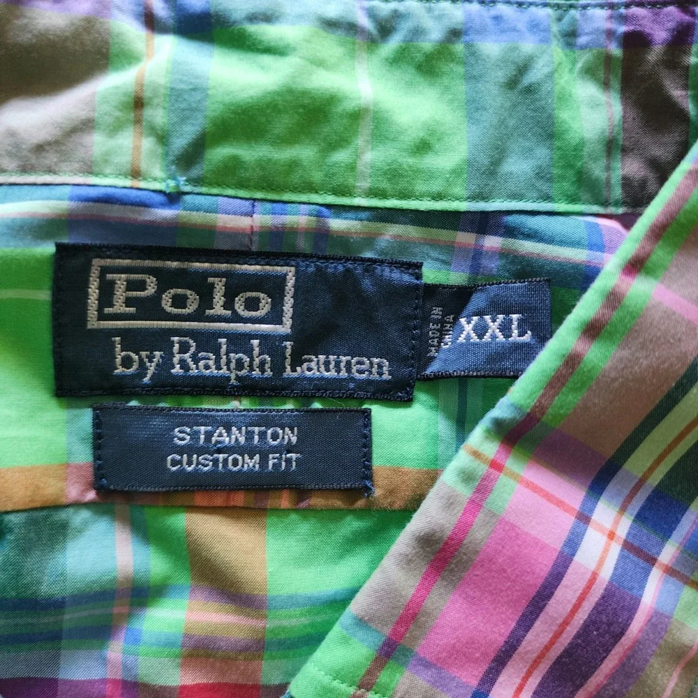 Polo Ralph Lauren Stanton Custom Fit Plaid Shirt Mens XXL Green Pink Multi Color